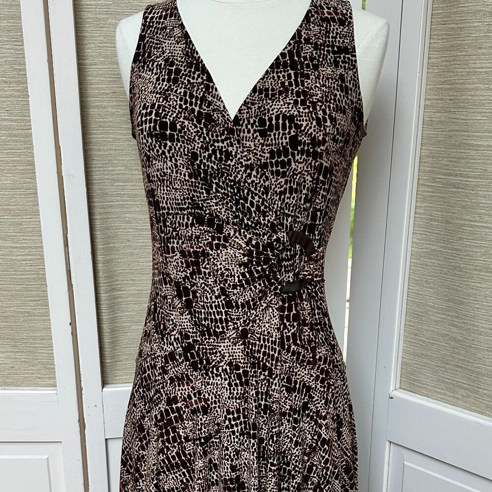 Jones New York Animal Print Midi Dress Size 4 Faux Wrap Brown Black Fit Flare